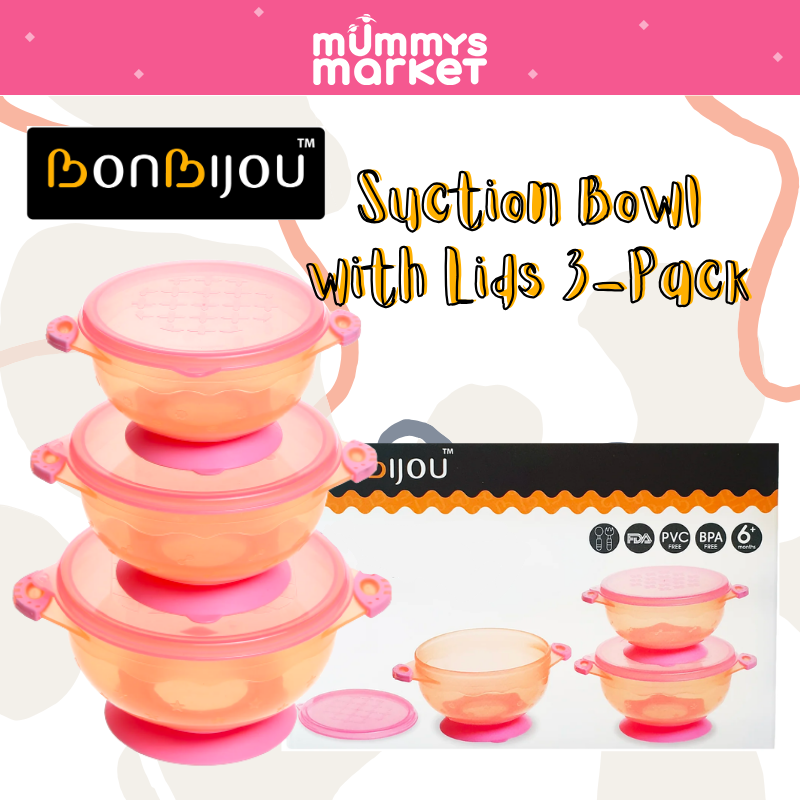 Bonbijou Suction Bowls with Lids - Pink (3Pack)